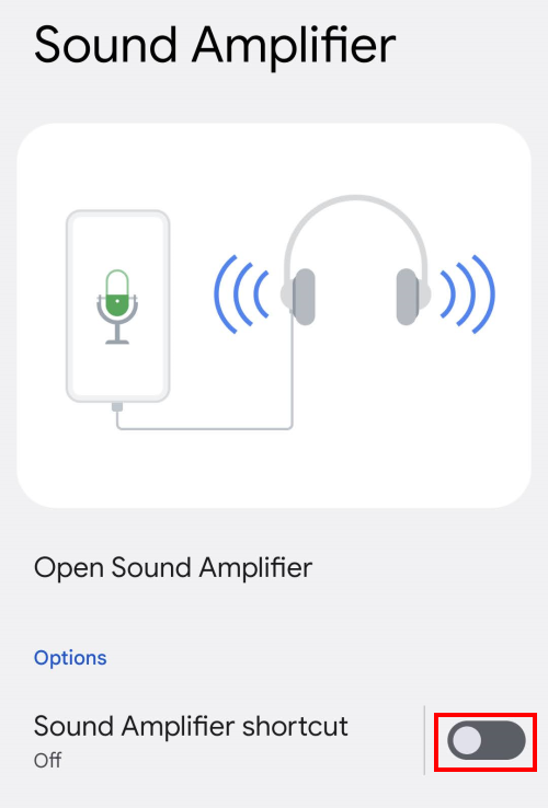 Tap the toggle switch for Sound amplifier shortcut to turn it on